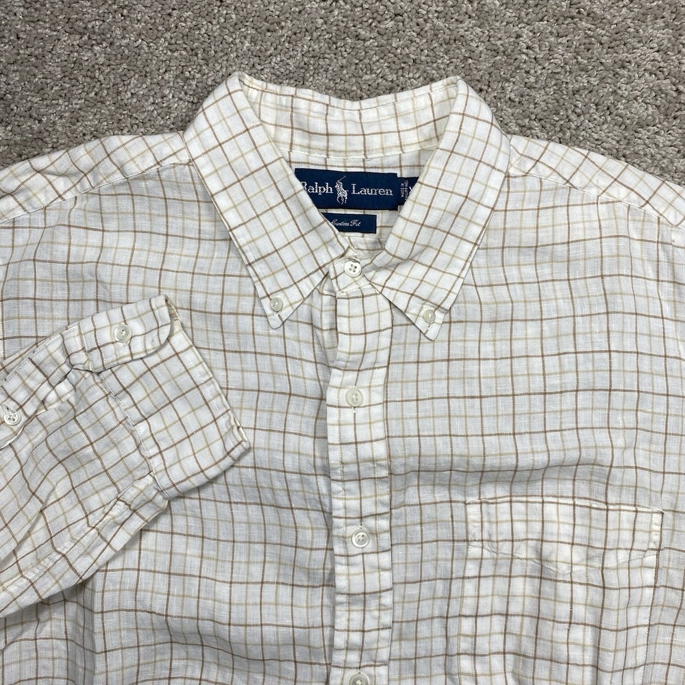 Ralph Lauren Mens XL Custom 100% Linen Windowpane Check Button Down Shirt Tan